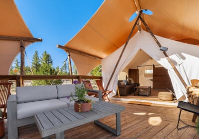 Mt. Hood Suite Private deck and seating area at Under Canvas Columbia River Gorge