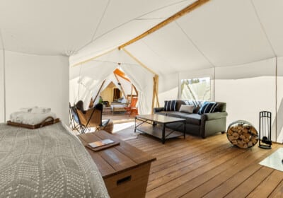 Mt. Hood Suite in-tent sitting area at Under Canvas Columbia River Gorge