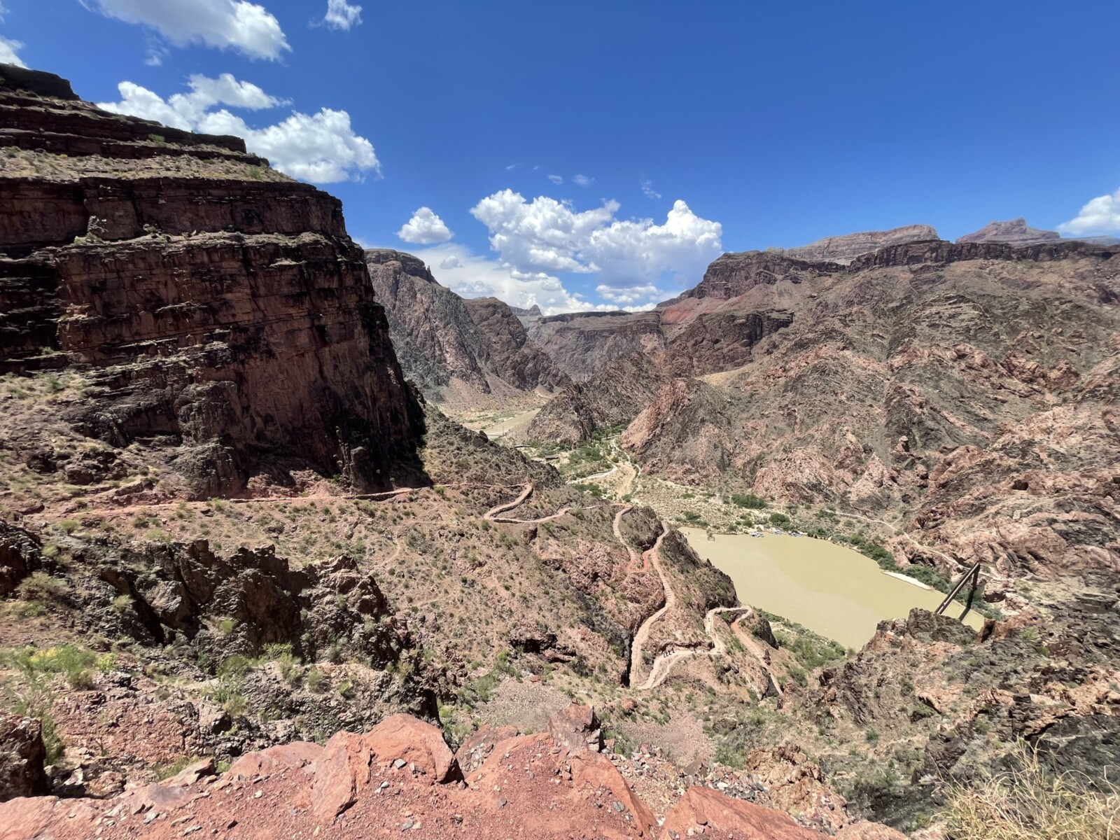 View of the end of the South Kaibab trail leading down to Phantom Ranch and the Colorado River.