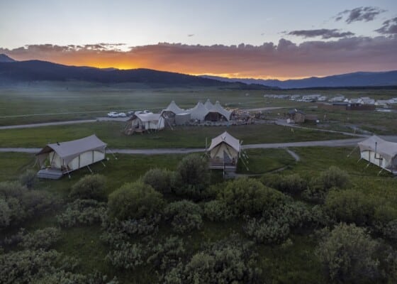 Under Canvas West Yellowstone during sunset.