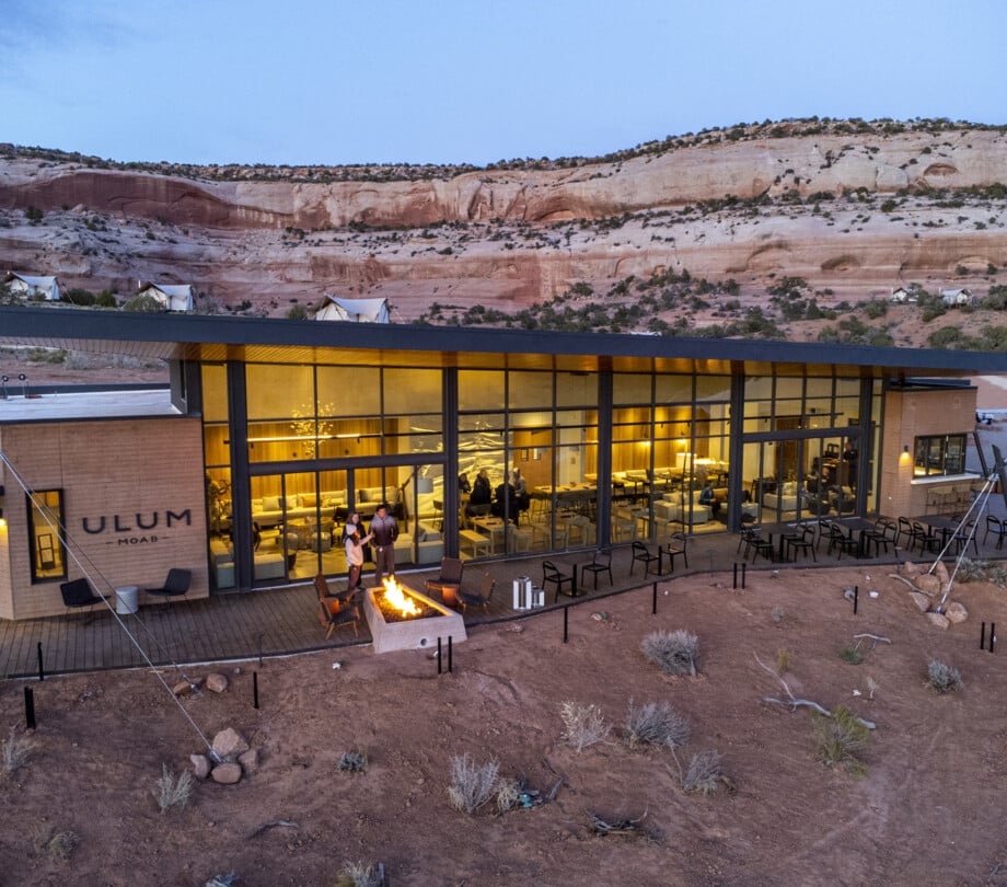 glass lobby building in the red rock desert